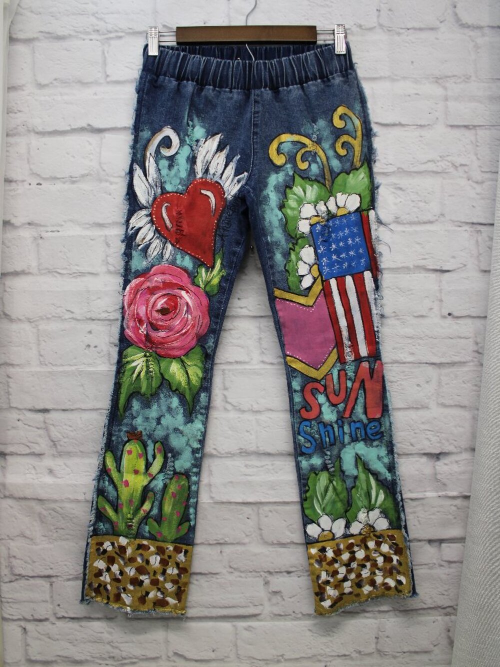 A Rare Bird Small Hand Painted Pull On Floral Summer Casual Straight Leg Jeans